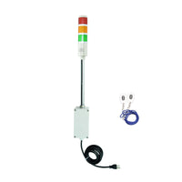 Three-color pole-mounted industrial signal with 2 wireless fobs on a white background; Red-Amber-Green.