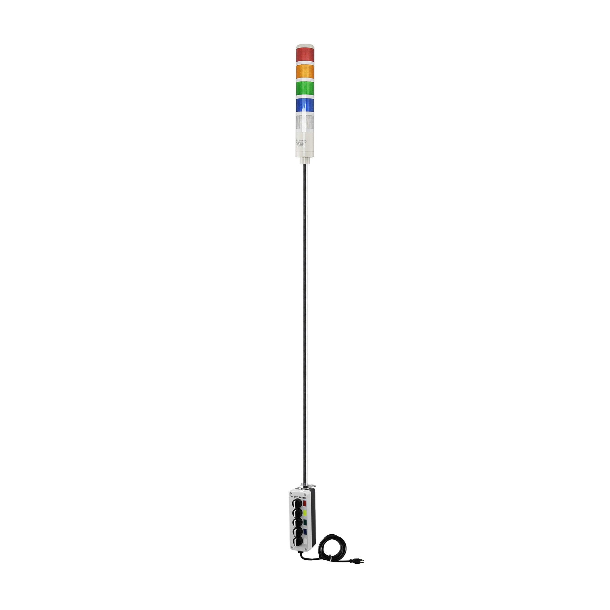 Five-Color pole-mounted industrial light with 3-position switches on a white background; Red-Amber-Green-Blue-White.