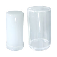 Diffused bulb and glass tower light cover on white background.