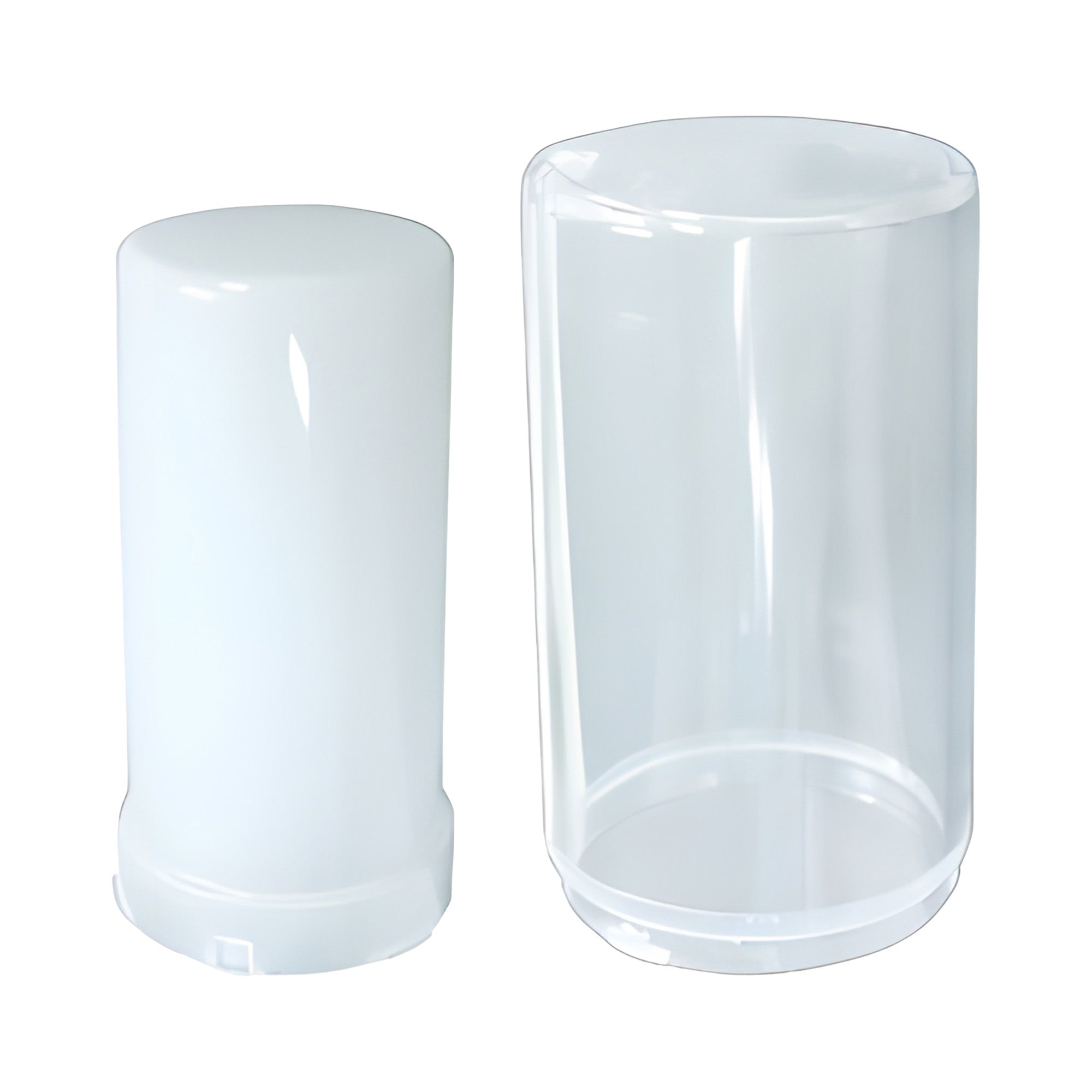 Diffused bulb and glass tower light cover on white background.