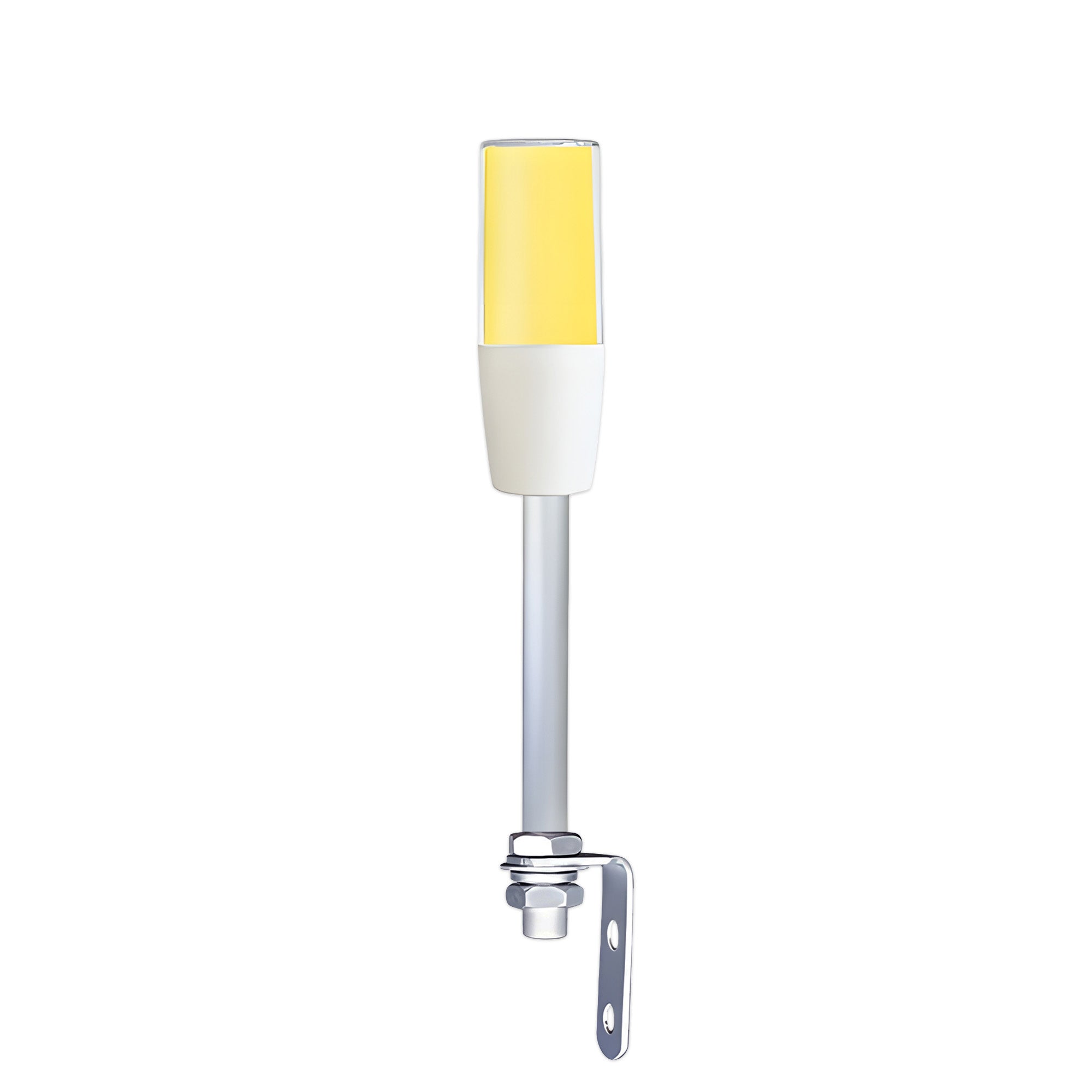 Diffused pole-mounted tower light on right-angle brackets, demonstrating amber color function on a white background.
