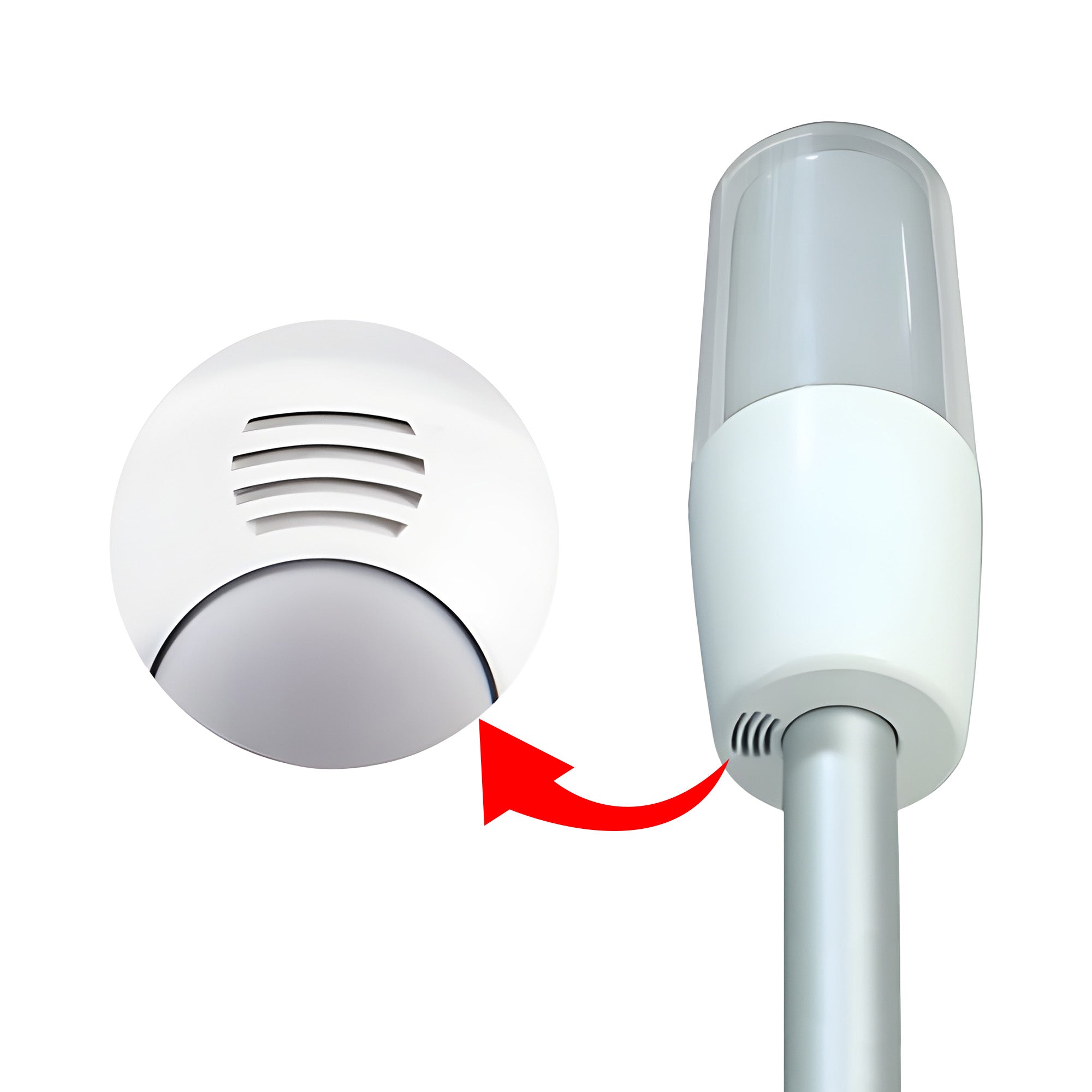 Diffused pole-mounted tower light buzzer vent close up on a white background.