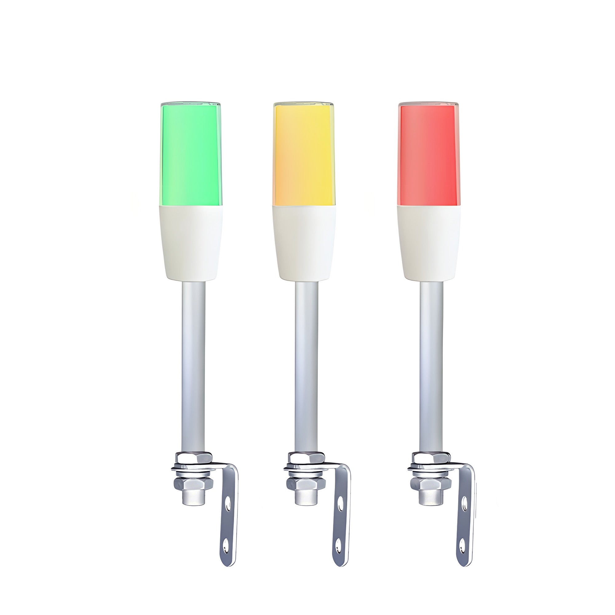 Diffused pole-mounted tower light on right-angle brackets, demonstrating color options; Green-Amber-Red on a  white background.