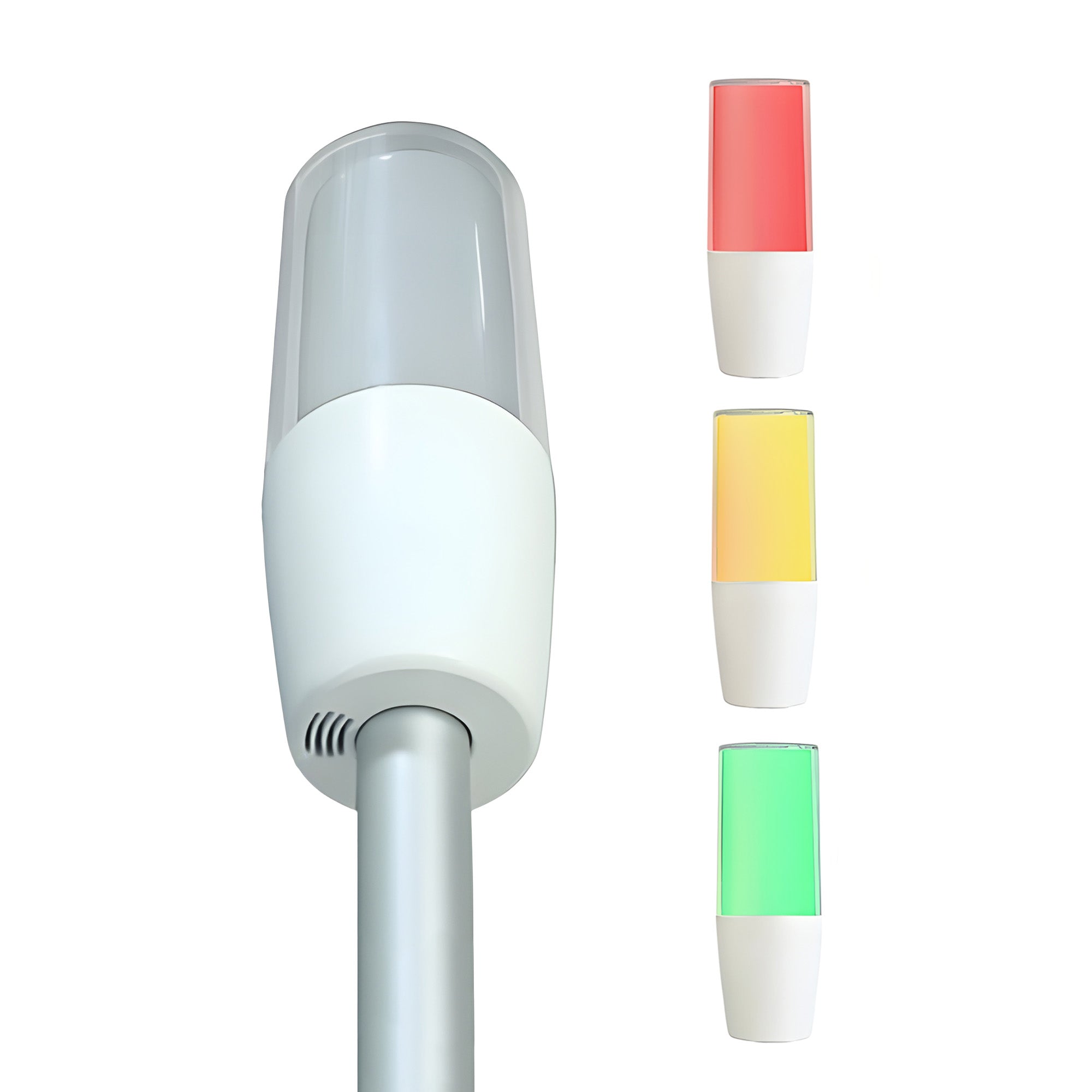 Diffused pole-mounted industrial signal light with buzzer demonstrating three color functions; Red-Amber-Green.