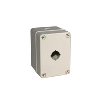 Light grey push button box with single button hole; held together with 4 phillips head screws on a white background.