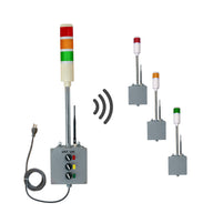 A single three-color pole-mounted industrial light with switchbox transmitting a signal to several corresponding single-light industrial signals with switchboxes.
