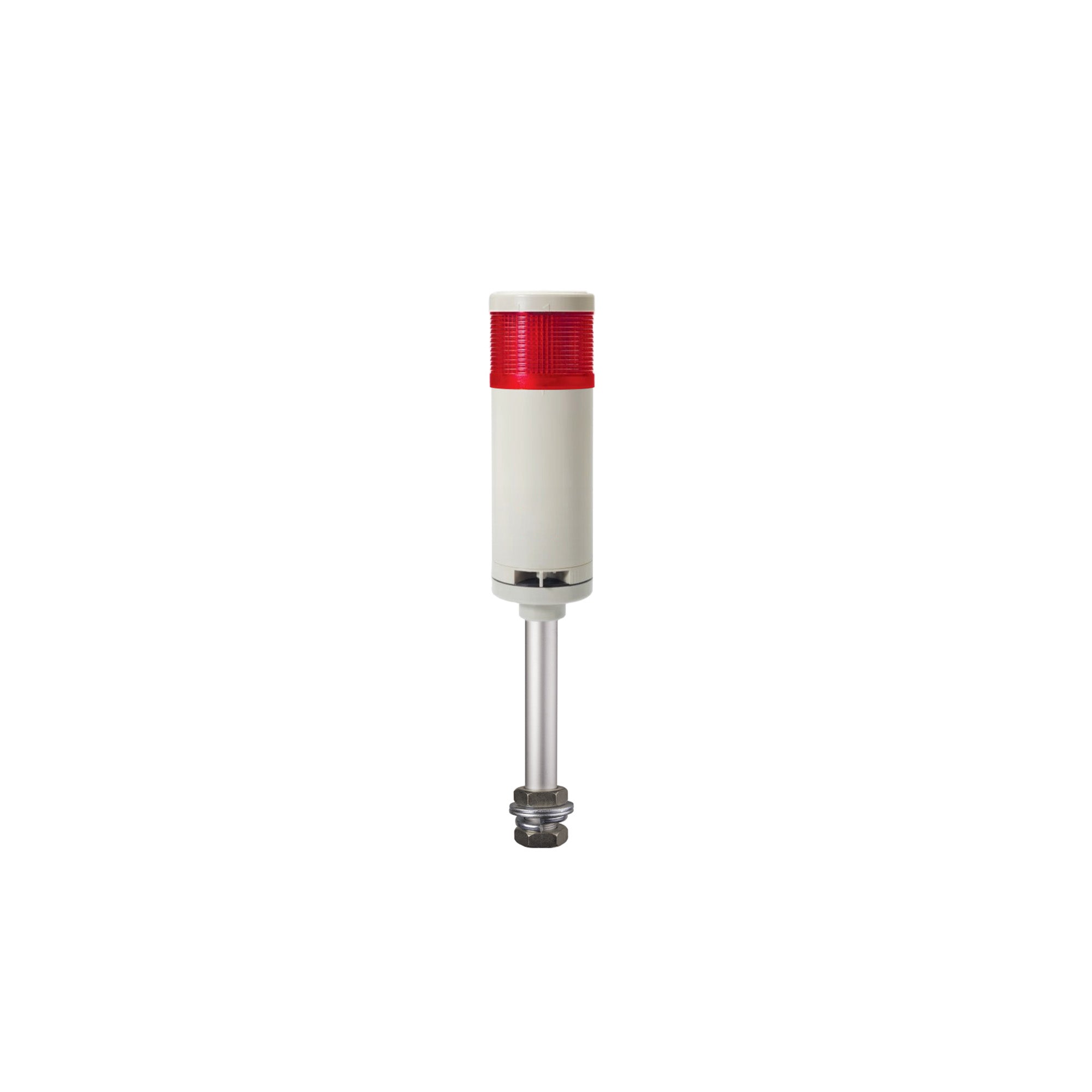 Red pole-mounted industrial signal light with buzzer on a white background.