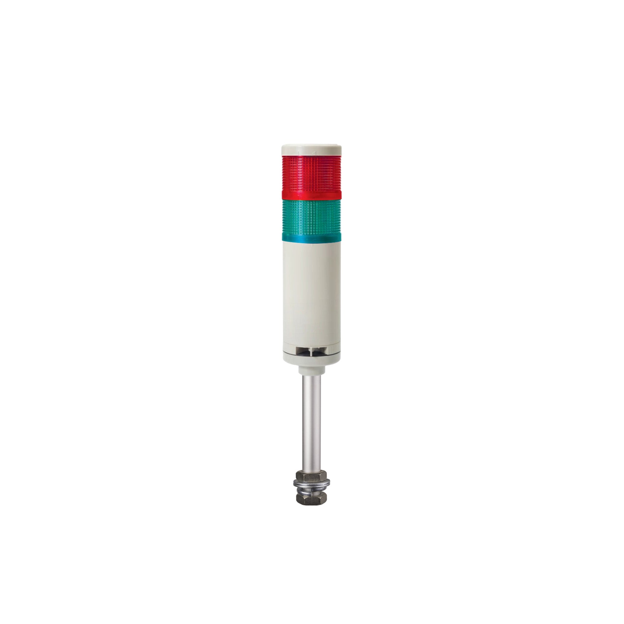 Two-color industrial signal light with buzzer; Red-Green on a white background.