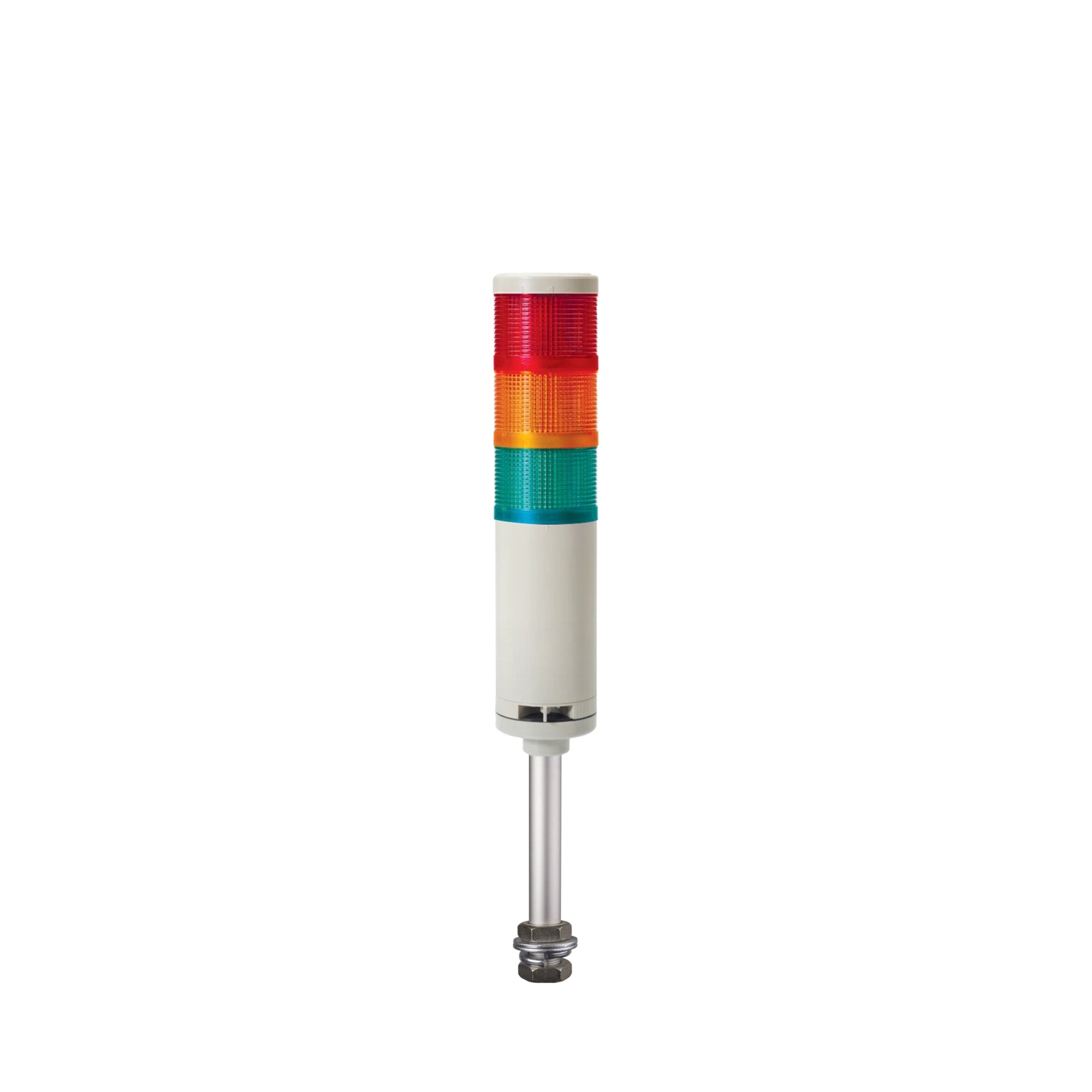 Three-Color pole-mounted industrial signal light with buzzer; Red-Amber-Green on a white background.