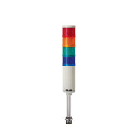 Four-Color pole-mounted industrial signal light with buzzer; Red-Amber-Green-Blue on a white background.