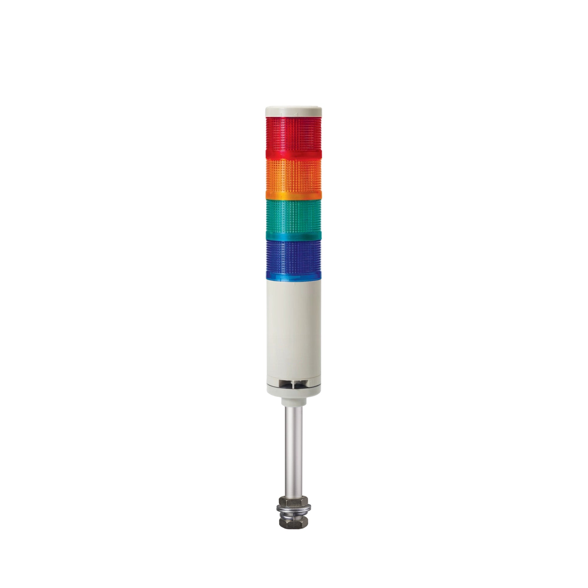 Four-Color pole-mounted industrial signal light with buzzer; Red-Amber-Green-Blue on a white background.