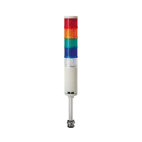 Five-Color pole-mounted industrial signal light with buzzer; Red-Amber-Green-Blue-White on a white background.