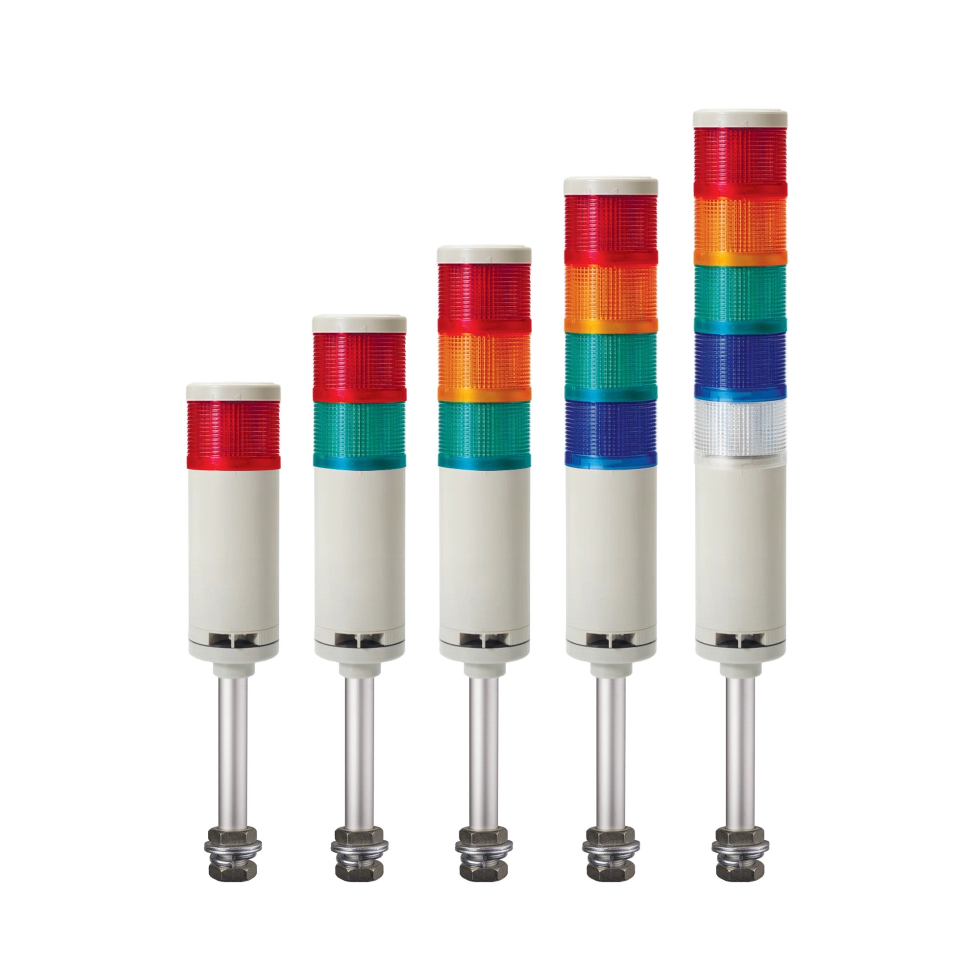 A collection of multicolor pole-mounted tower lights on a white background.