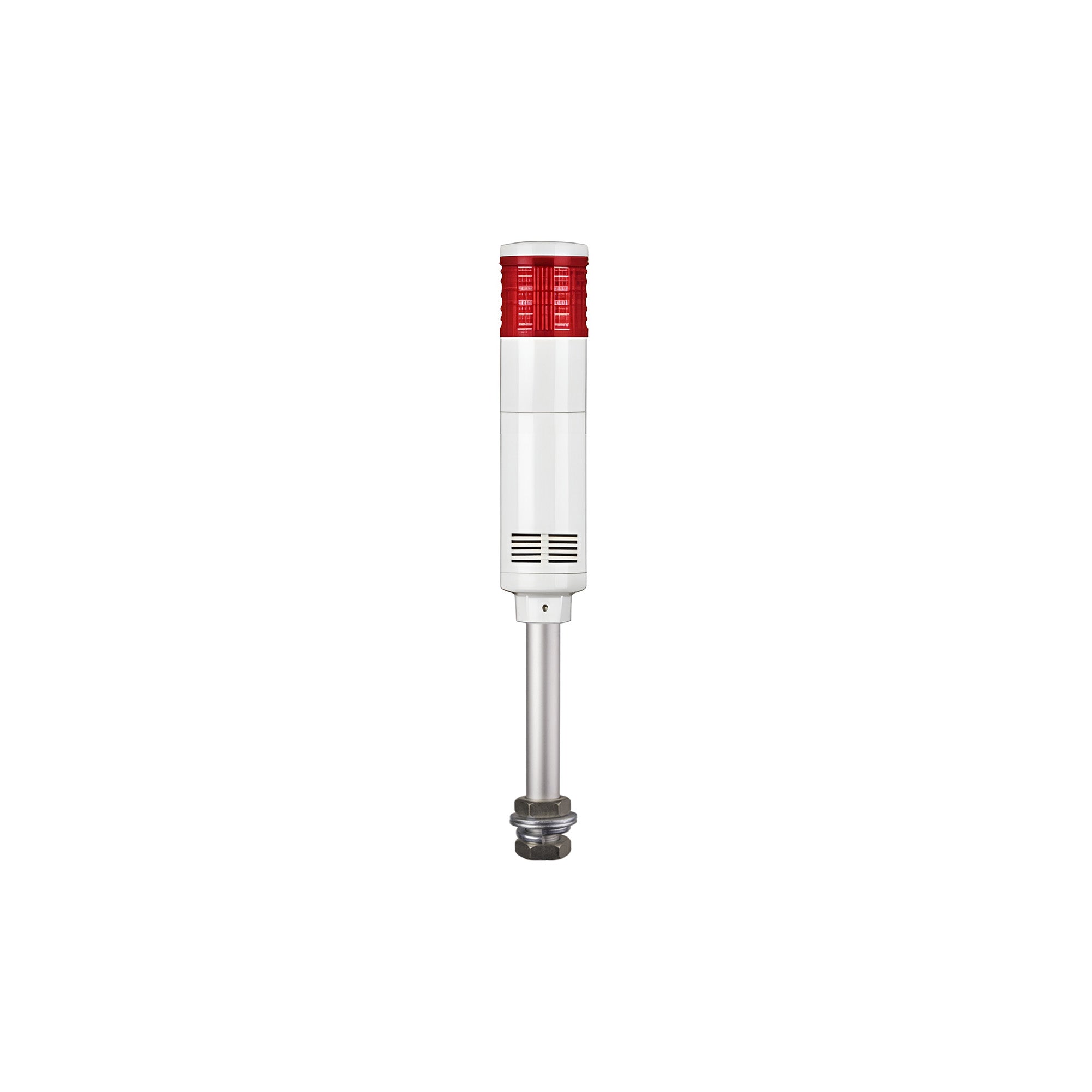 Red pole-mounted industrial signal light on a white background.