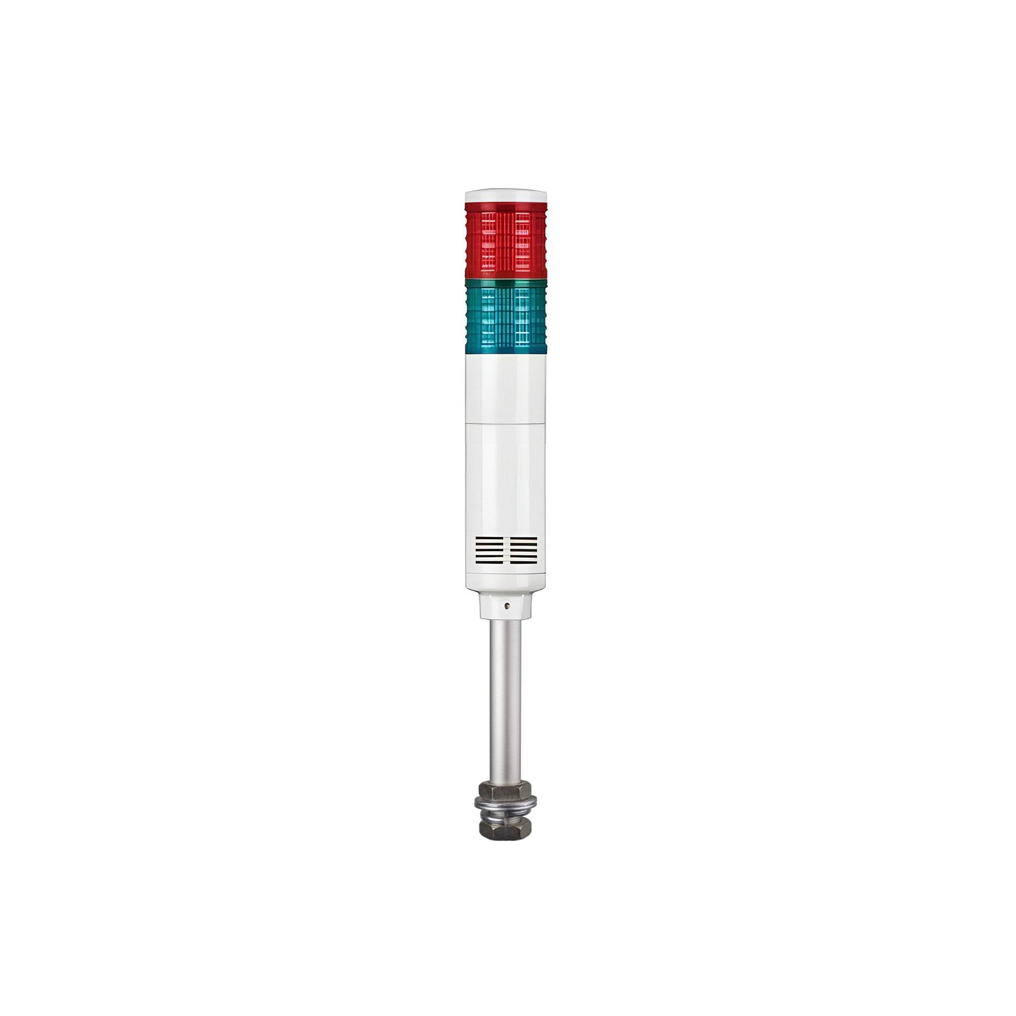 Two-color pole-mounted industrial signal light: Red-Green on a white background.