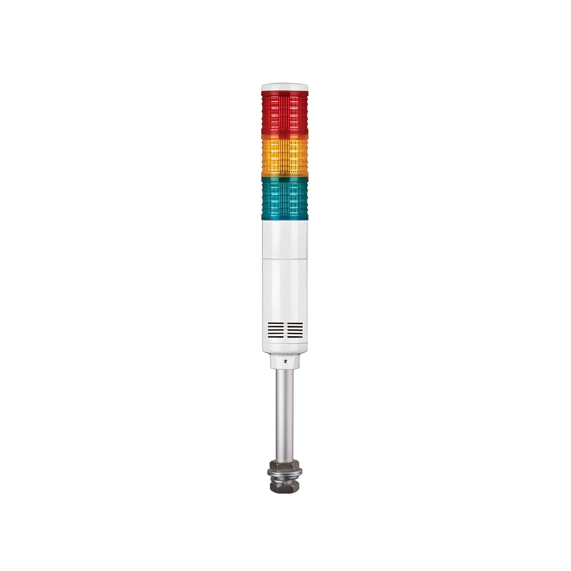 Three-color pole-mounted industrial signal light: Red-Amber-Green on a white background.