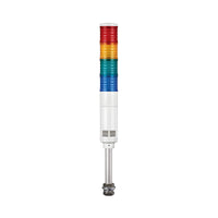 Four-Color pole-mounted industrial signal light with buzzer; Red-Amber-Green-Blue on a white background.