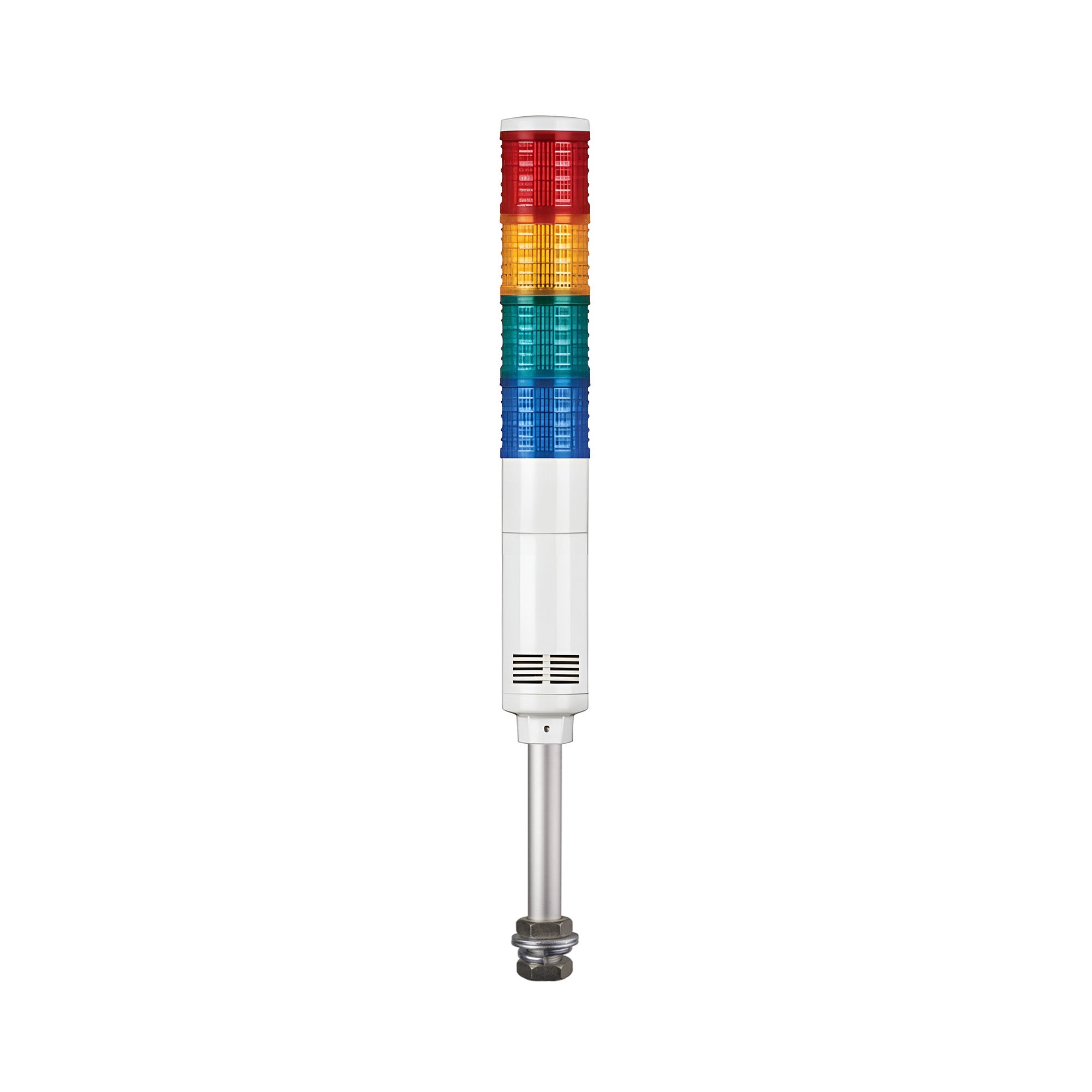 Four-Color pole-mounted industrial signal light with buzzer; Red-Amber-Green-Blue on a white background.