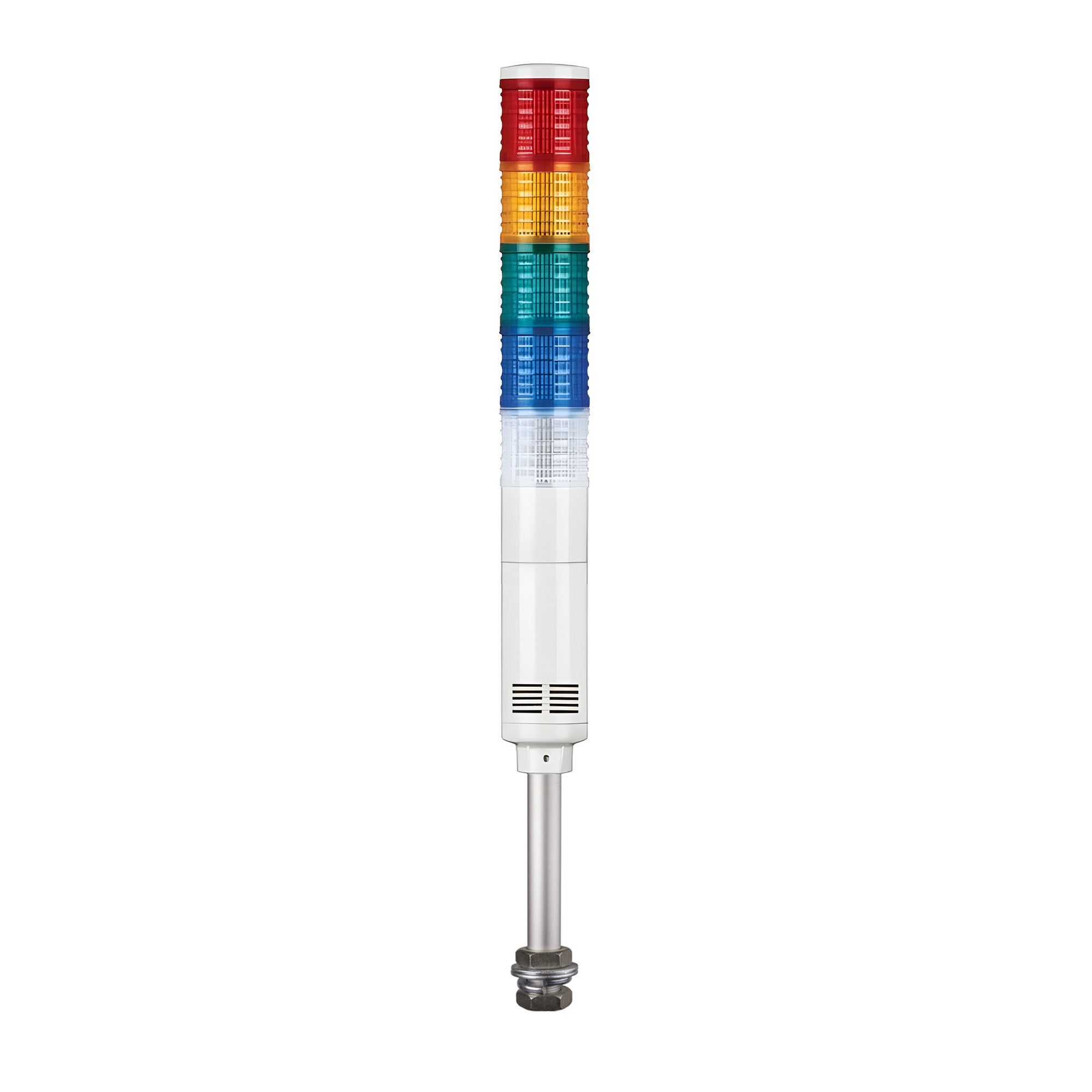 Five-Color pole-mounted industrial signal light with buzzer; Red-Amber-Green-Blue-White on a white background.