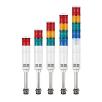 A  collection of multicolor pole-mounted industrial signal lights on a white background.