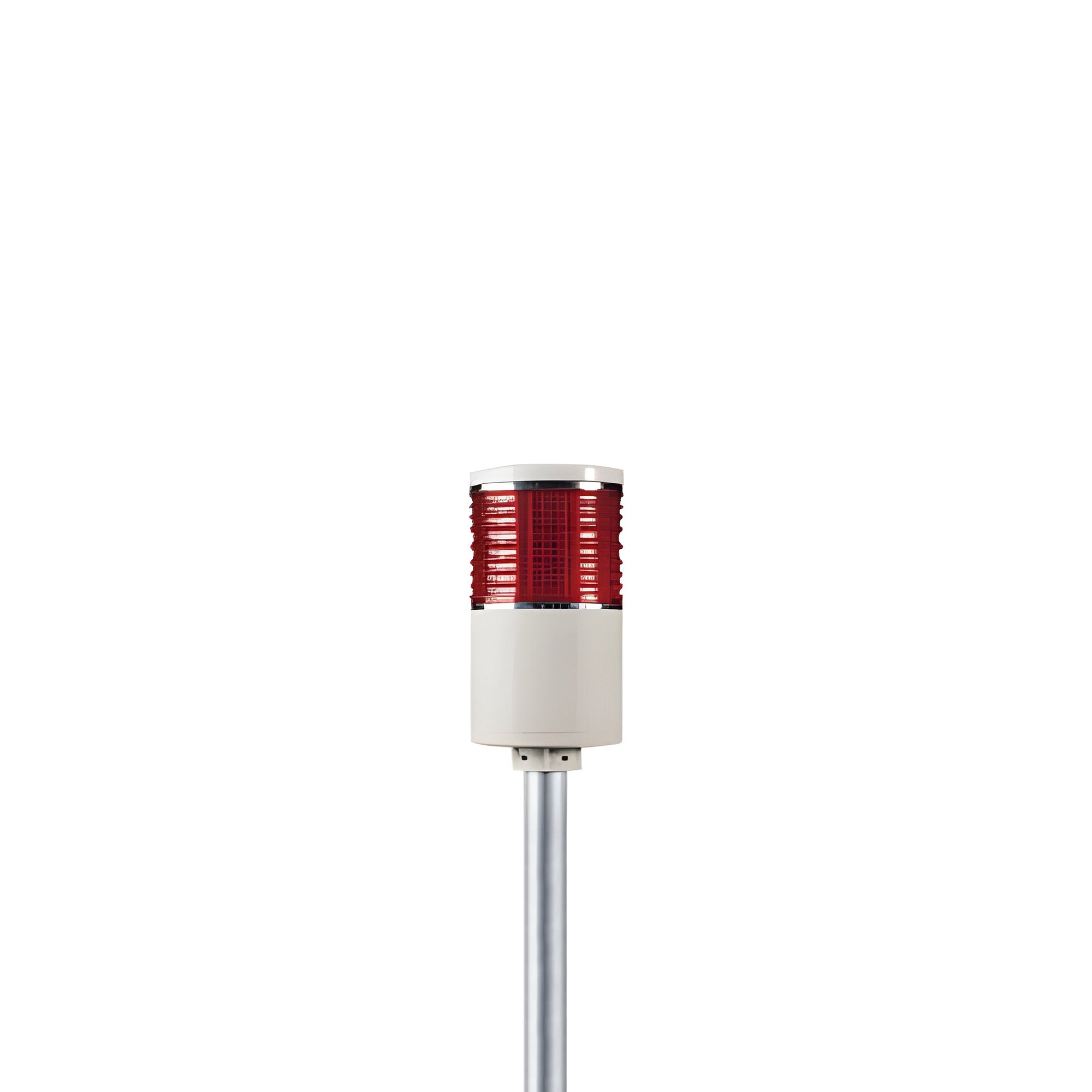Red pole-mounted industrial signal light on a white background; Red