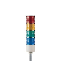 Four-color pole-mounted industrial signal light on a white background; Red-Amber-Green-Blue
