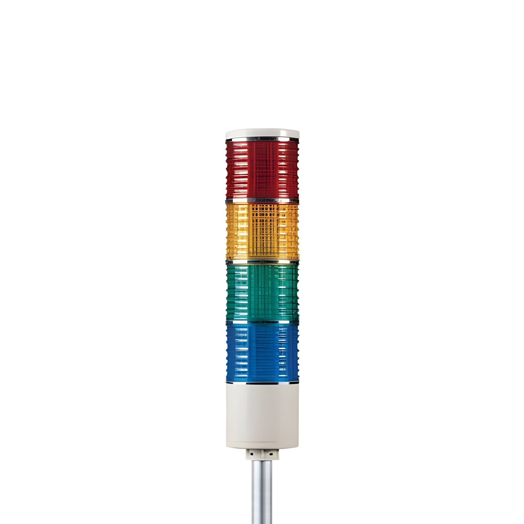 Four-color pole-mounted industrial signal light on a white background; Red-Amber-Green-Blue