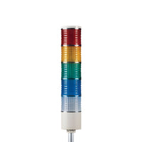 Five-color pole-mounted industrial signal light on a white background; Red-Amber-Green-Blue-White