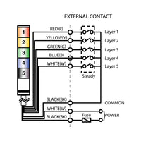 Multi-color pole-mounted industrial signal light wiring diagram on a white background.