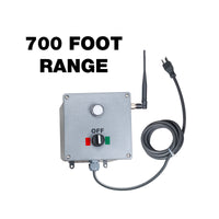 Control switch box with power cable and antenna, labeled '700 Foot Range' on a white background
