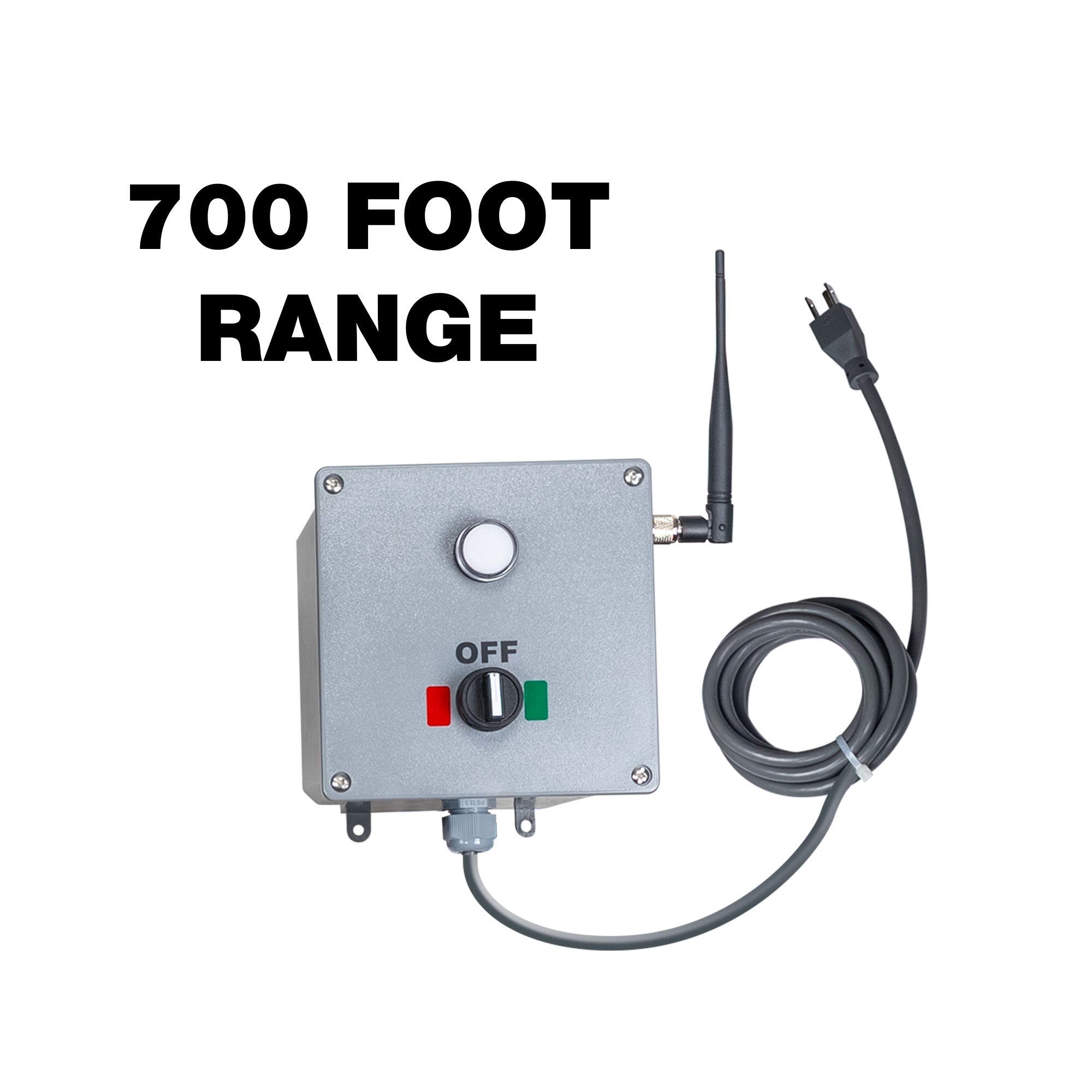 Control switch box with power cable and antenna, labeled '700 Foot Range' on a white background