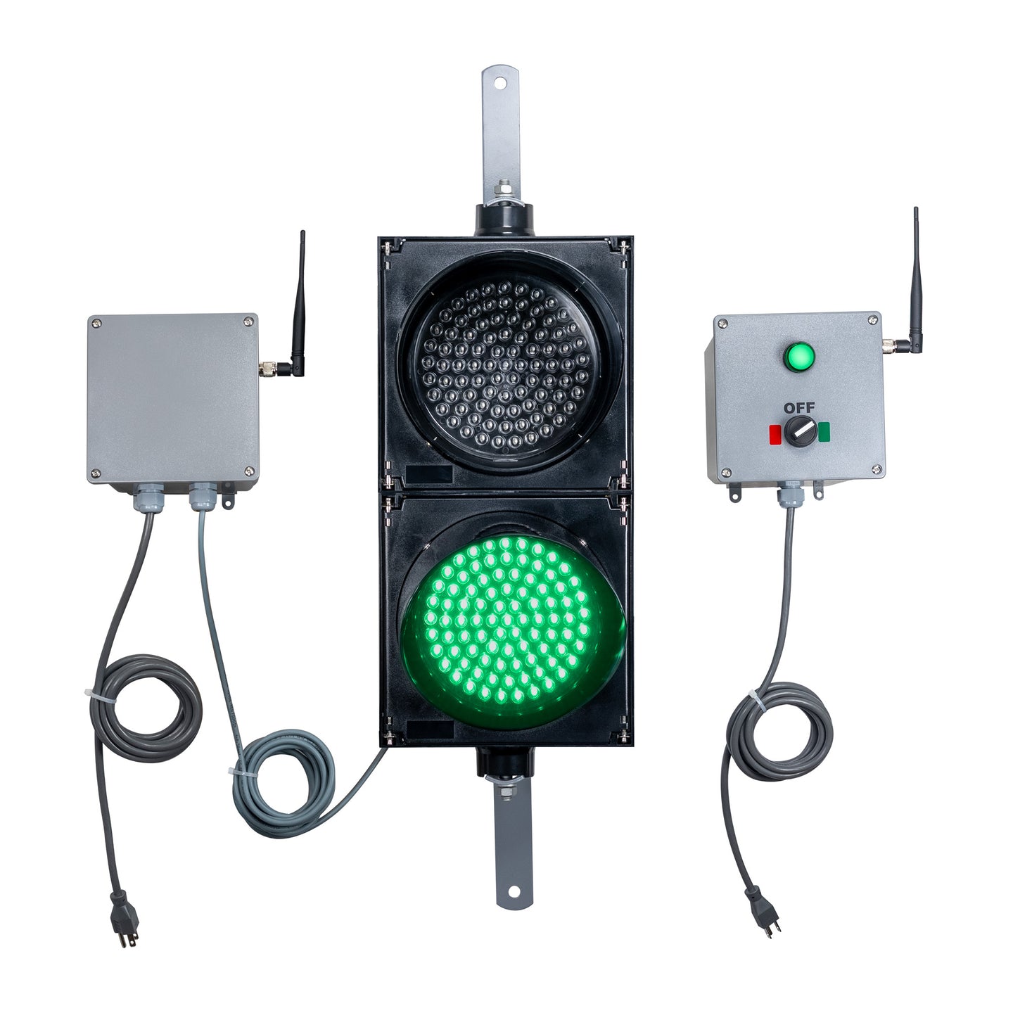 Traffic light system with green LED light, connected receiver and switch box transmitter on a white background.