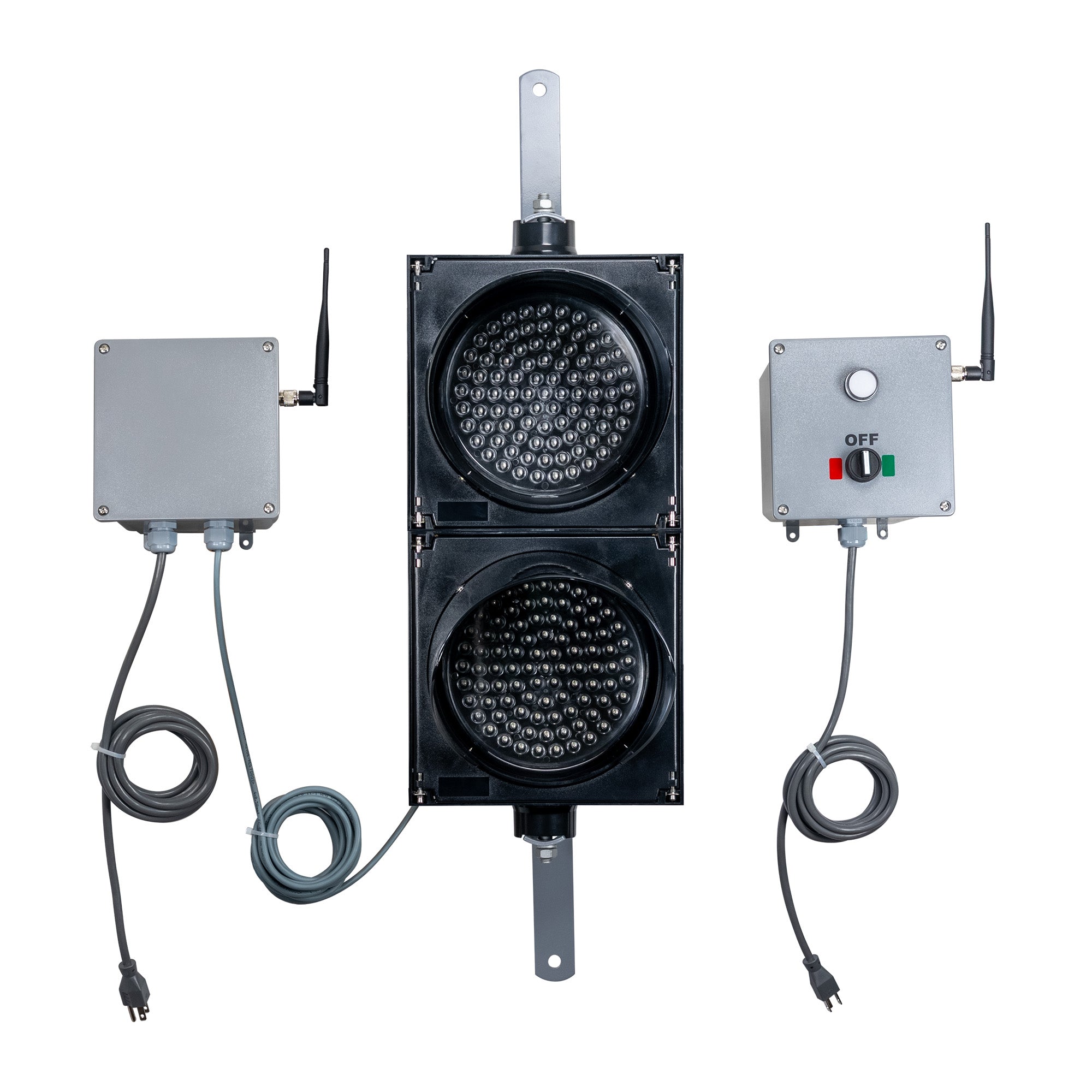LED Traffic light system with connected receiver and separate switch box transmitter on a white background.