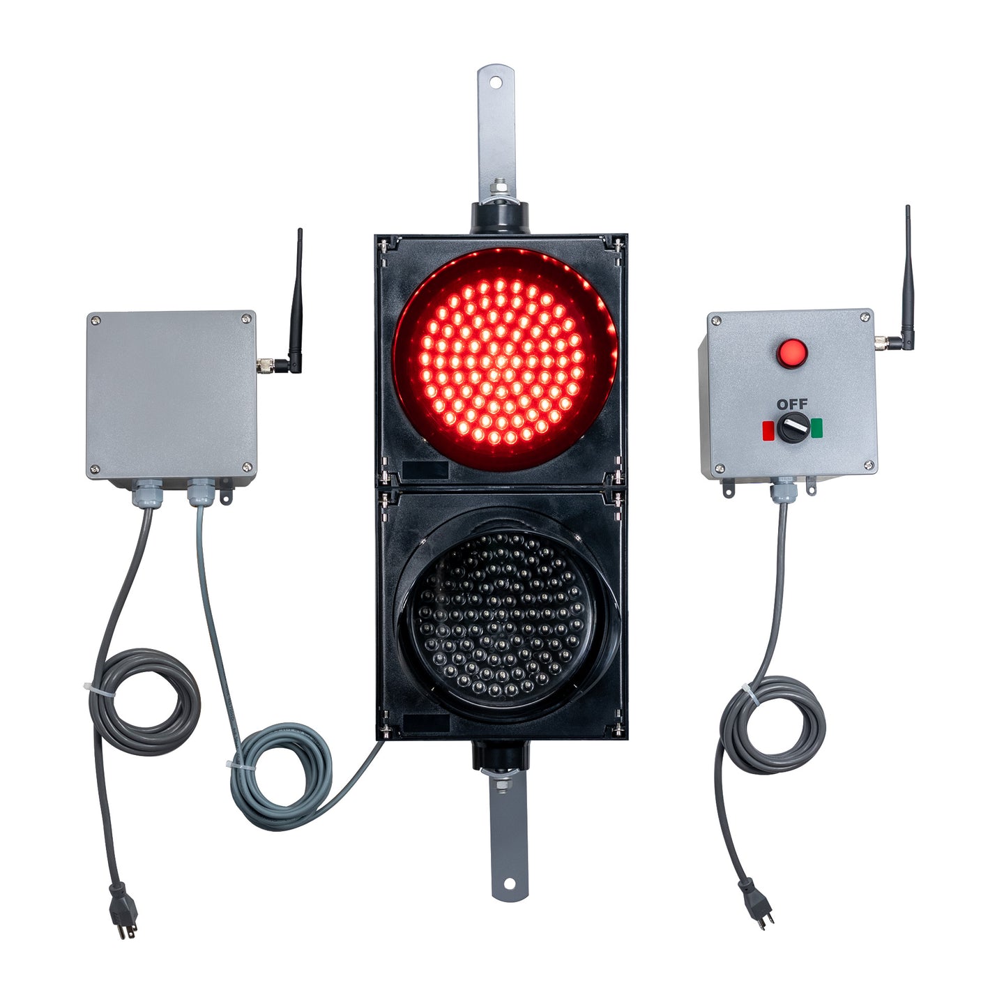 Traffic light system with red LED light, connected receiver and switch box transmitter on a white background.