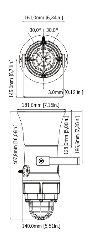D1XC1X05F Explosion Proof High Output Alarm Horn with Re-entrant Flare Horn and 5 Joule Xenon Strobe Beacon