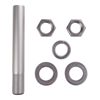 Short metal pole with two nuts a crush washer and 2 standard washers on a white background.
