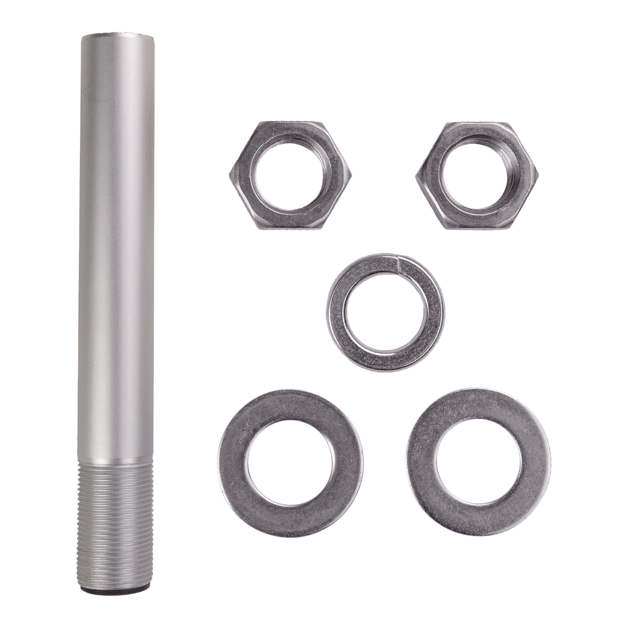 Short metal pole with two nuts a crush washer and 2 standard washers on a white background.