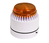 Compact audible alarm with amber strobe atop a white base on a white background.