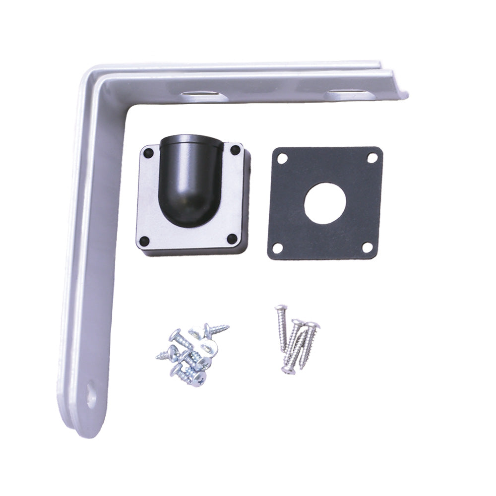 Metal brackets, wall mount and screws on a white background.