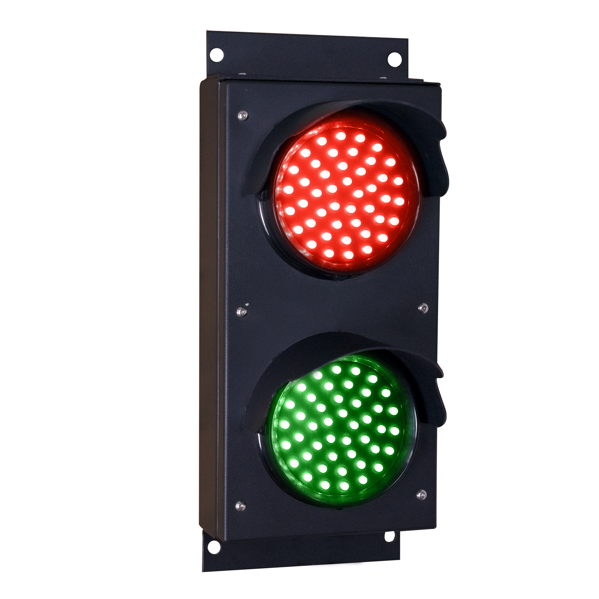 Angled perspective of a black four inch 2-light traffic light with red and green illuminated LEDs on a white background.