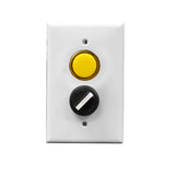 A white rectangular wall plate with a yellow pilot light and a black rotary dial.