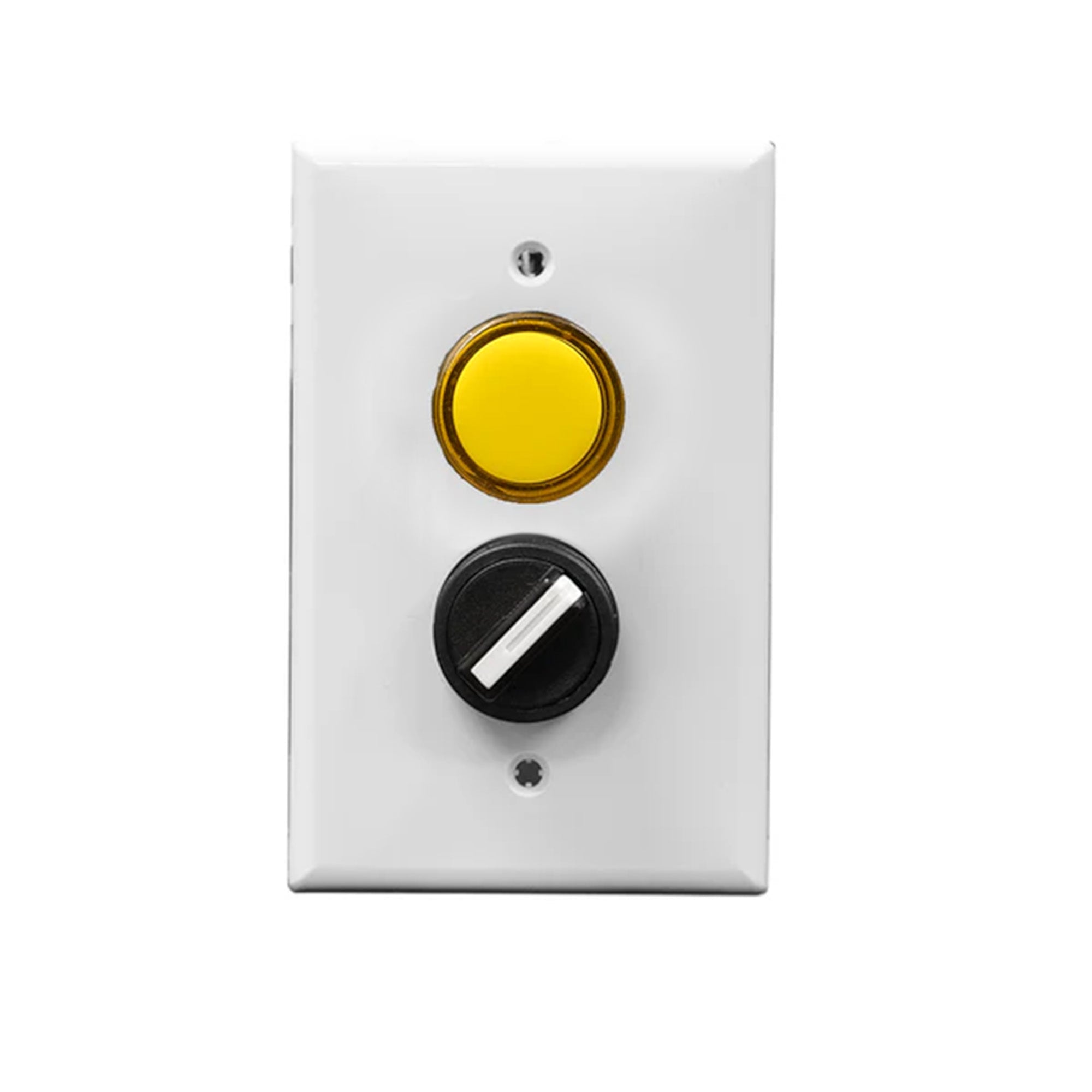 A white rectangular wall plate with a yellow pilot light and a black rotary dial.