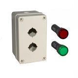 Grey unbranded box with two holes and red and green push buttons on a white background.