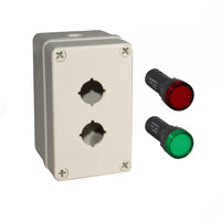 Grey unbranded box with two holes and red and green push buttons on a white background.