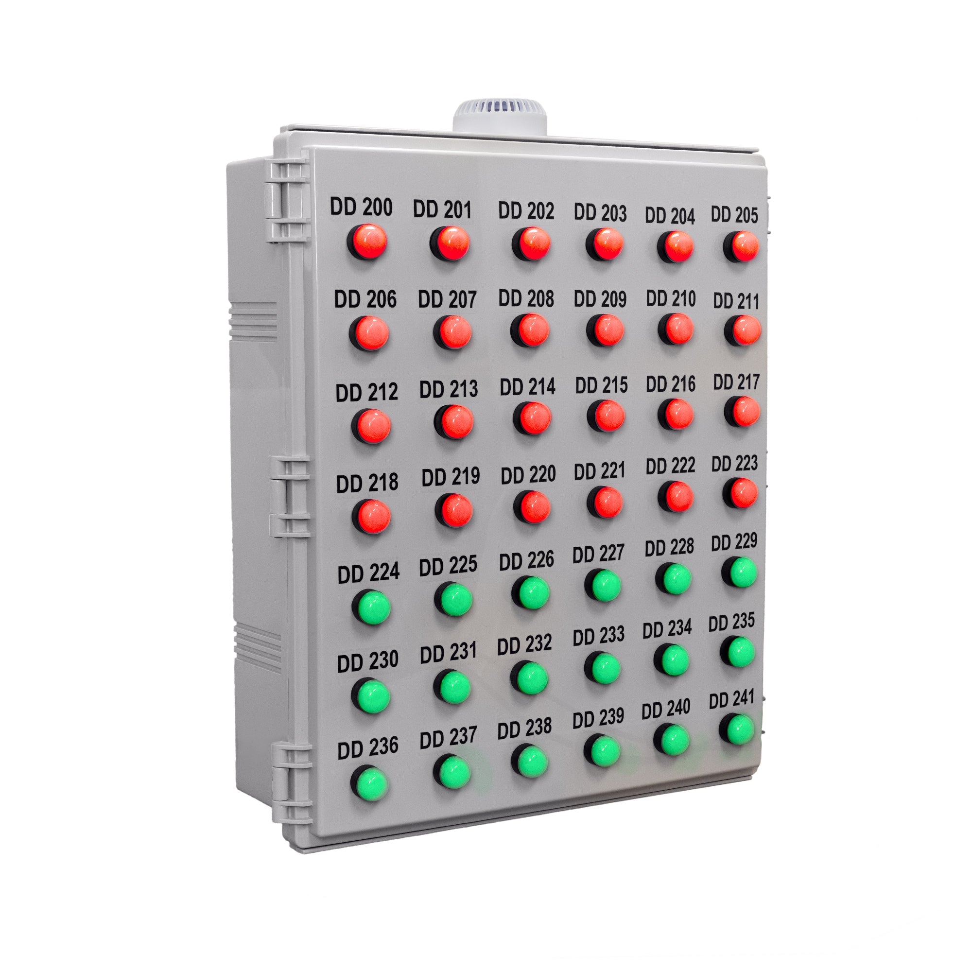 Large light grey box with bi-color red and green pilot lights and an alarm mounted from its top on a white background.