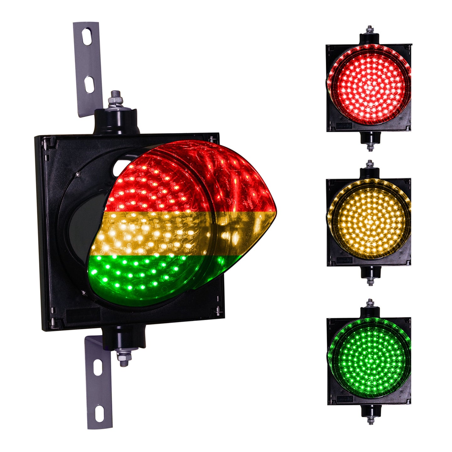 An 8 inch diameter 3-in-1 lens LED stop-go loading dock traffic light with red, amber, and green colors, featuring a polycarbonate housing and two right angle mounting brackets.