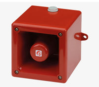 Red electrical box with a red button featuring a white logo on a white background.