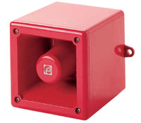 Red square warning horn with a visible brand logo on a white background