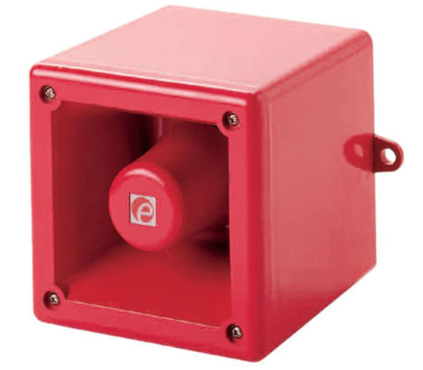 Red square warning horn with a visible brand logo on a white background