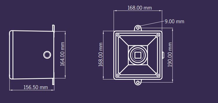 White on blue technical drawing of a rectangular housing dimensions.